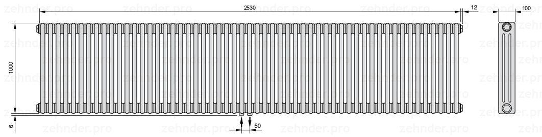 Схема (чертеж) Радиатор Zehnder Charleston 3100/55 №3470 Белый глянцевый RAL 9016
